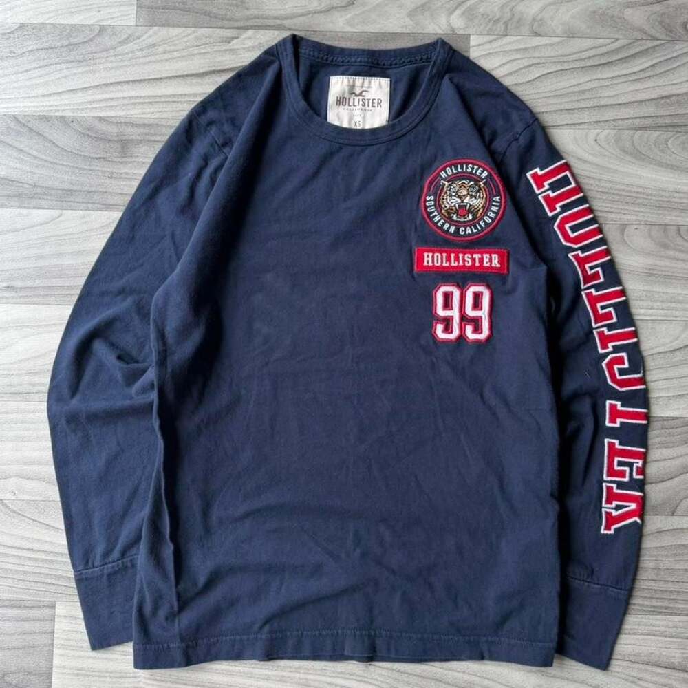 Hollister Navy Tiger Patch Varsity Long Sleeve Tee